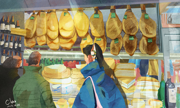 歐洲街頭火腿奶酪店鋪旅游旅插畫