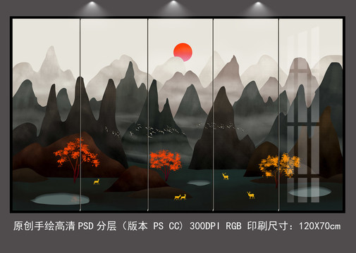 手绘创意意境山水糜鹿背景墙壁画