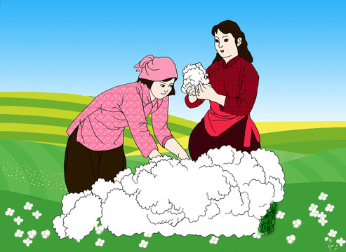 手繪卡通摘棉花農(nóng)田