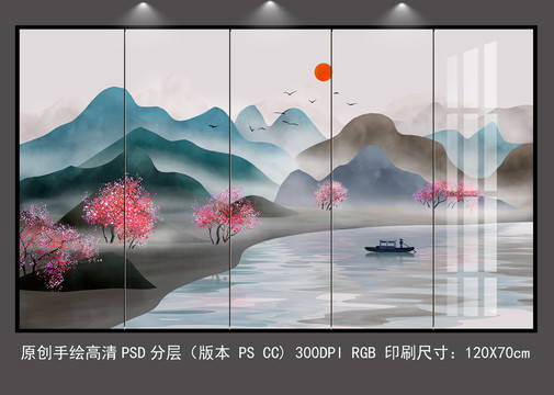 桃花山色水墨山水背景墻壁畫(huà)