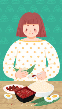 端午節(jié)包粽子的女孩和粽子食材插