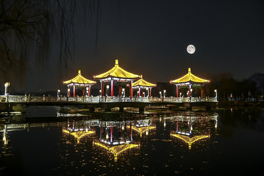超级月亮下的中国长春市景观