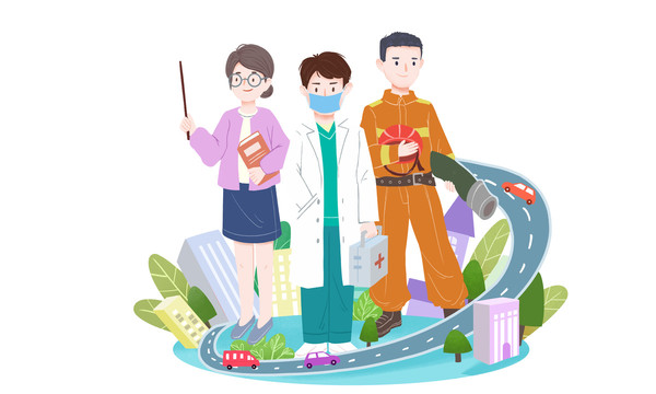 卡通勞動(dòng)節(jié)醫(yī)生老師消防員城市
