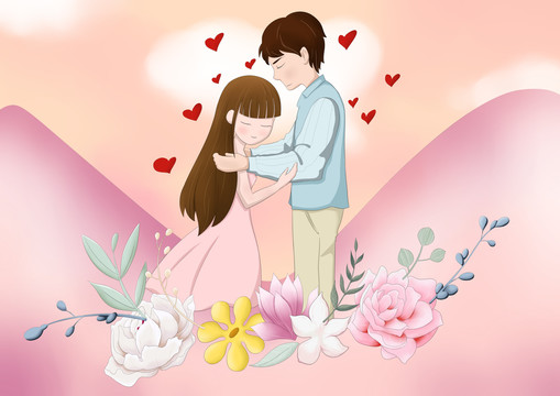 粉色情人節(jié)情侶花卉男女擁抱