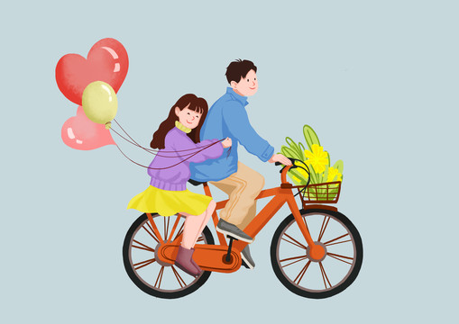 卡通情人节情侣骑自行车