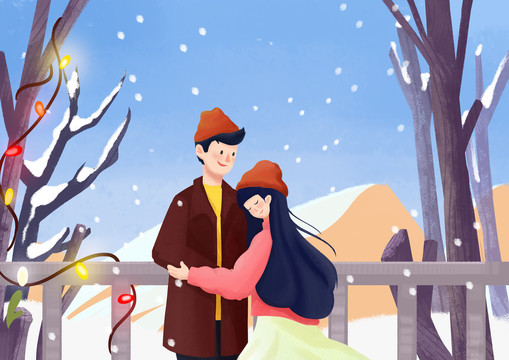 情人節(jié)冬季約會下雪情侶擁抱