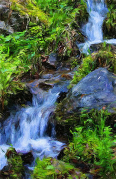 小瀑布油畫
