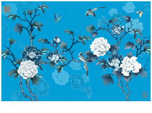 工筆花鳥(niǎo)精裝壁畫(huà)藍(lán)色