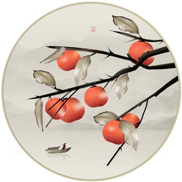 現(xiàn)代新中式柿子事事如意裝飾畫