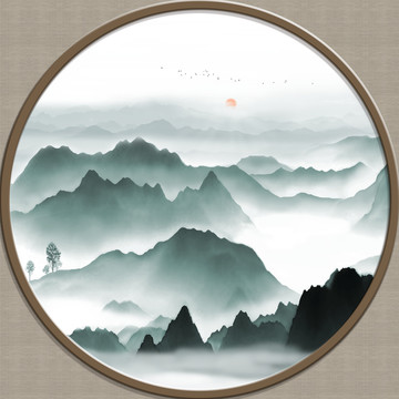 圓形新中式意境山水玄關背景
