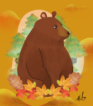 清新可爱文创插画秋天的小熊