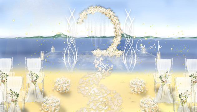 半圆珠帘海边沙滩婚礼仪式区