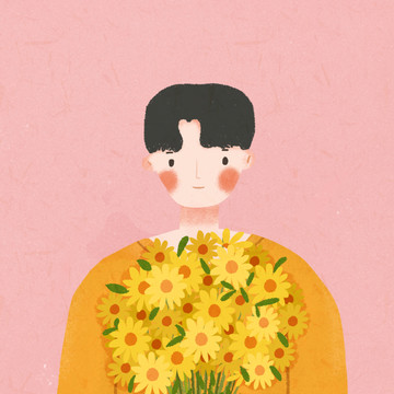 男孩捧花插畫