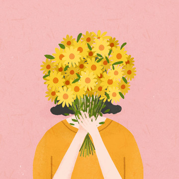 女孩捧花插畫