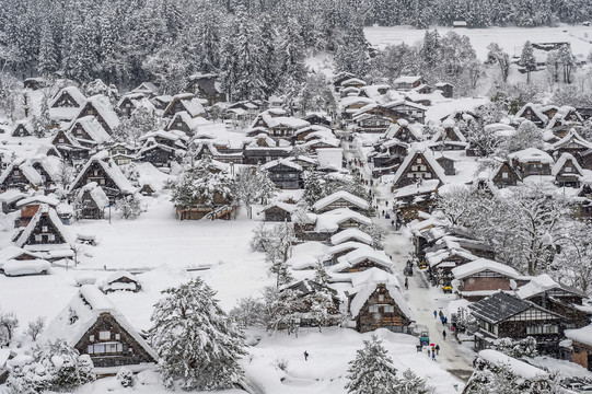 日本冬季的白川村