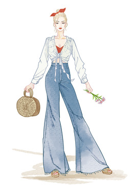 原創(chuàng)插畫時尚美女闊腿褲服裝設計