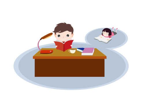 卡通兒童小孩臺(tái)燈下看書(shū)