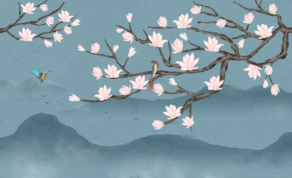 玉蘭花山水背景墻