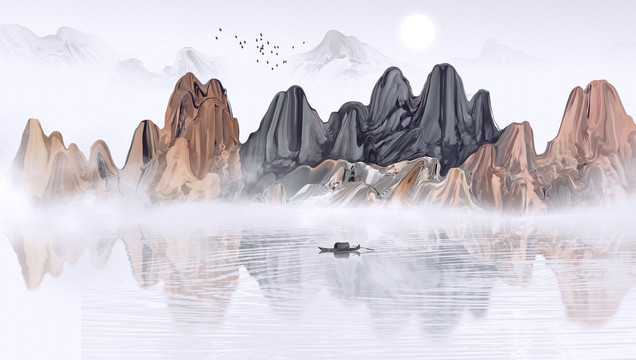 手绘新中式山水画