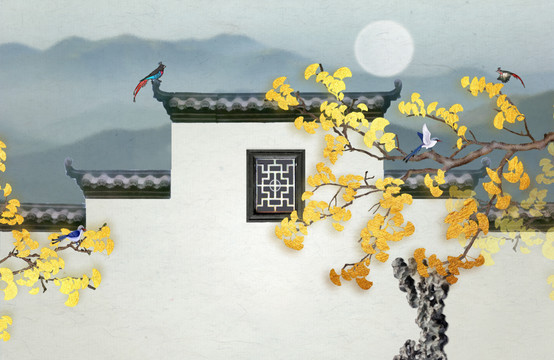 徽派建筑銀杏花鳥