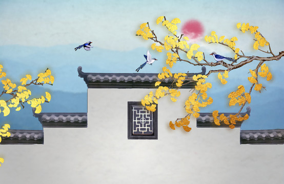徽派建筑銀杏花鳥