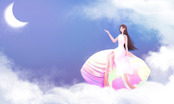 小清新坐在云端貝殼上的女孩場景