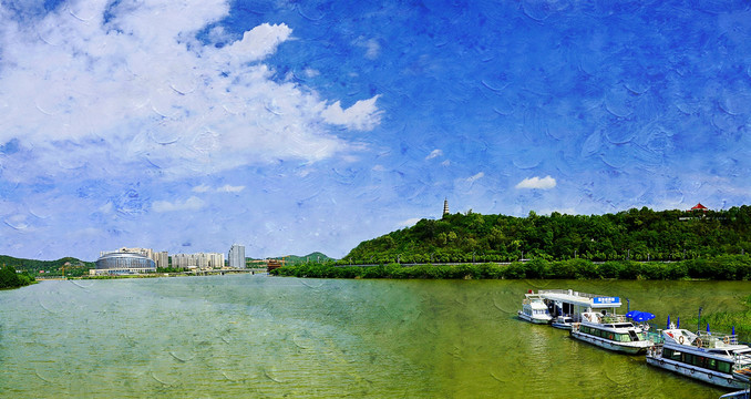 蓝天白云湖泊风景油画
