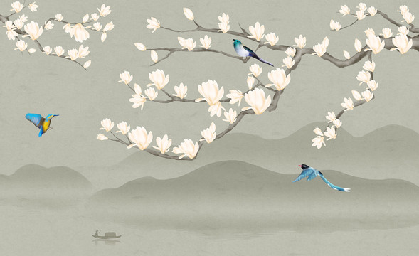 玉蘭花山水畫