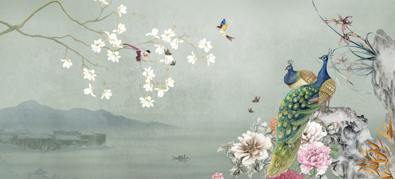 中式玉蘭花鳥壁畫