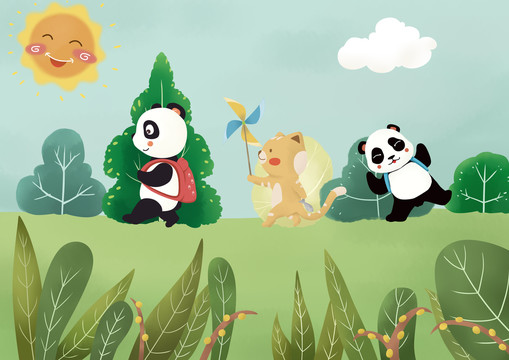 卡通熊貓和貓咪可愛動(dòng)物整幅插畫