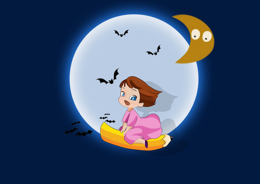 卡通女孩騎著鉛筆星空飛翔
