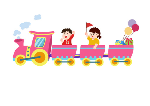 卡通兒童乘坐粉色小火車