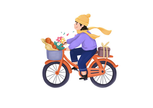 卡通小清新女孩騎自行車