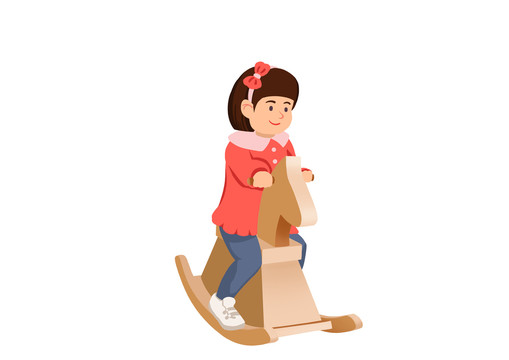 卡通风红衣服女孩骑木马