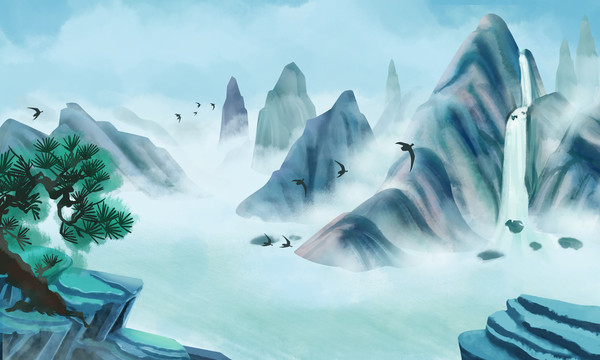 中國(guó)風(fēng)古典藍(lán)色水墨山水畫