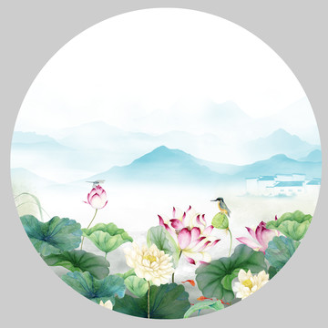 水墨荷花山水圖