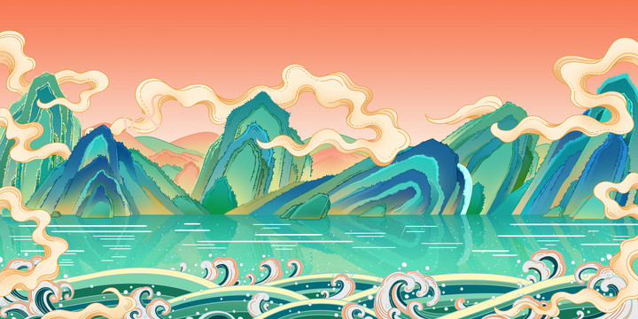 中国风青绿山水海浪插画