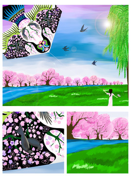 原創(chuàng)春天放風(fēng)箏板繪風(fēng)景插畫(huà)素材