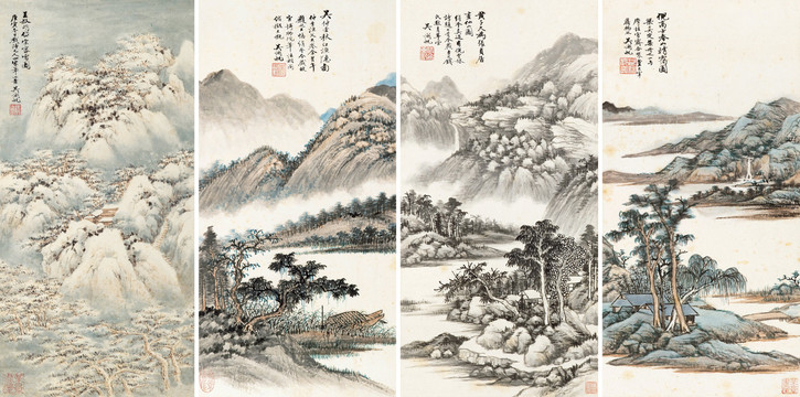 吳湖帆四家山水四屏圖