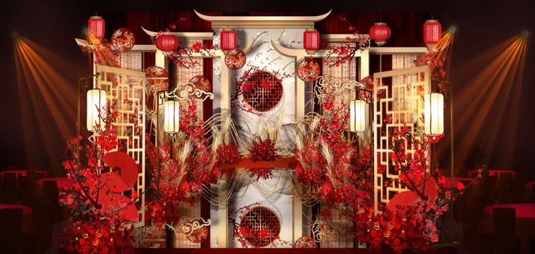 紅白色中式婚禮合影區(qū)主背景