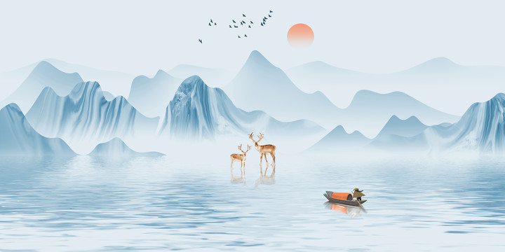 藍(lán)色意境山水畫