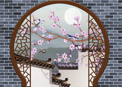 手繪花鳥背景墻