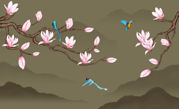 玉蘭花花鳥山水畫