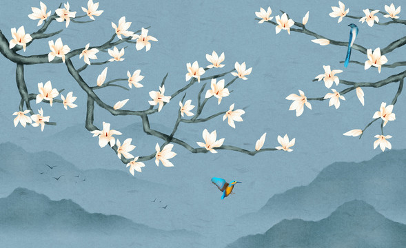 玉蘭花山水畫