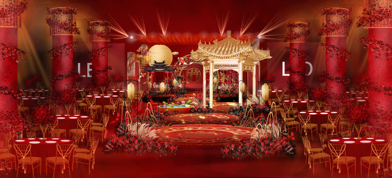 红金色新中式婚礼舞台设计