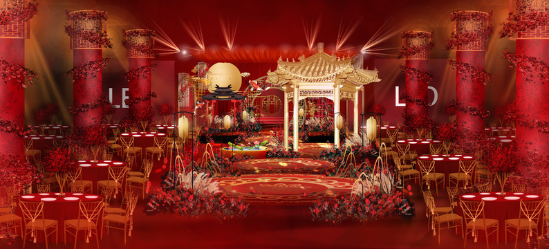 紅金色新中式婚禮舞臺設(shè)計