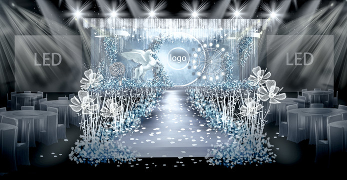 浪漫蓝白色婚礼宴会厅效果图