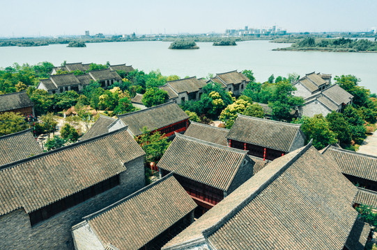 航拍徐州市贾汪区潘安湖潘安水镇