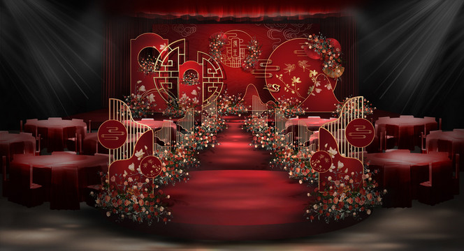红色新中式婚礼舞台效果图设计