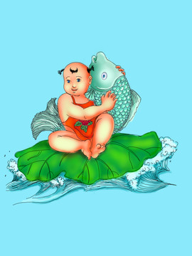 彩繪童子抱魚
